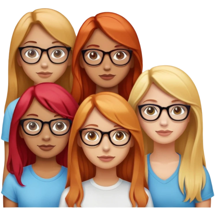 friendgroup of four girls. One of them with red straight hair and light skin. The second girl with tanned skin and long blonde hair. The third girl with long wavy hair and light skin. The fourth girl with glasses and medium length hair and also light skinned emoji