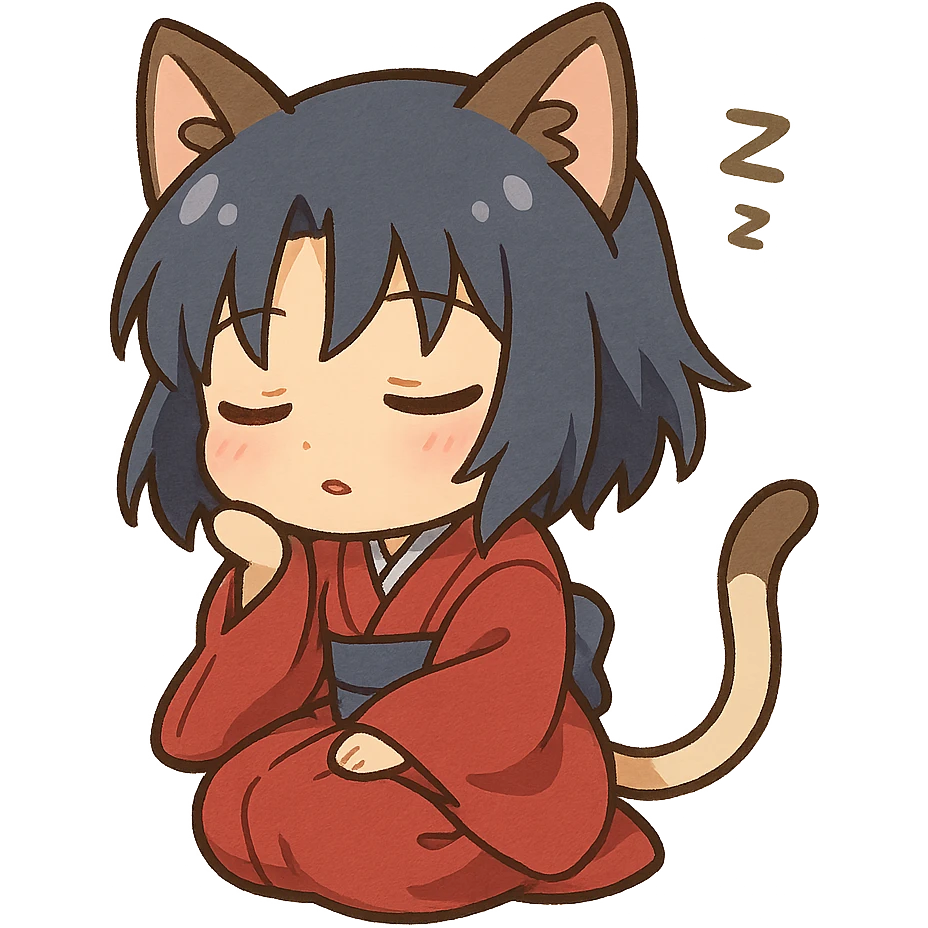 Ryougi Shiki as a chibi, wearing cat ears and tail, sleeping peacefully, in her kimono emoji