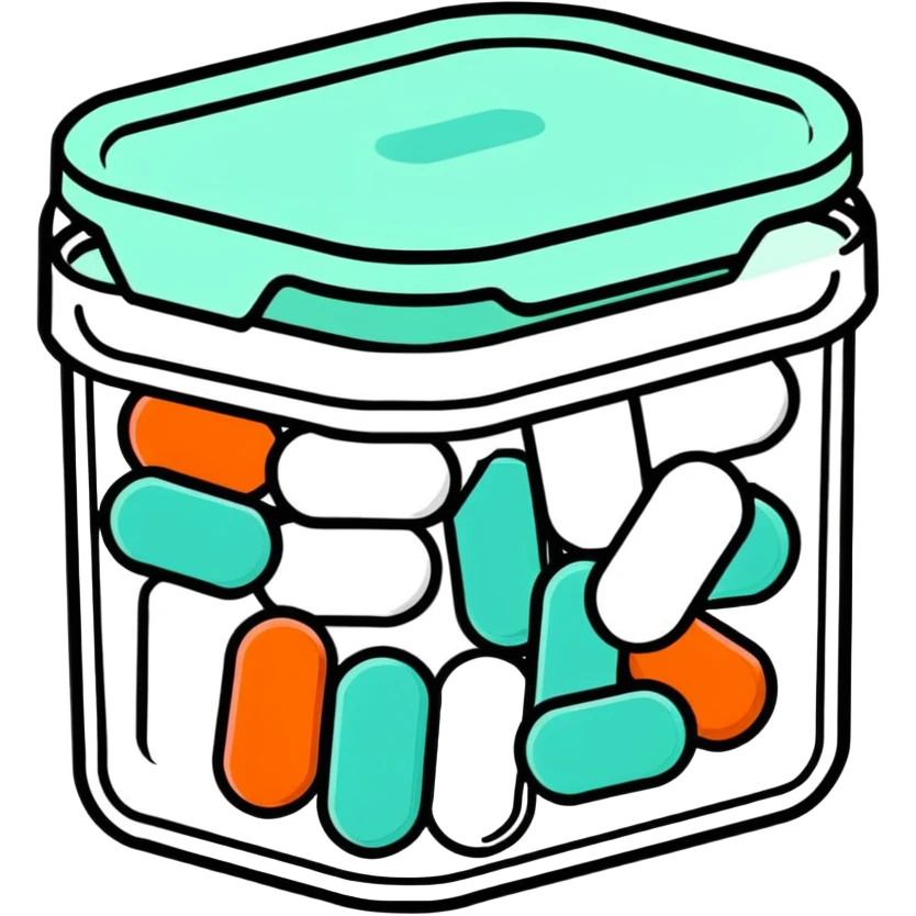 Small translucent plastic container with pills inside emoji