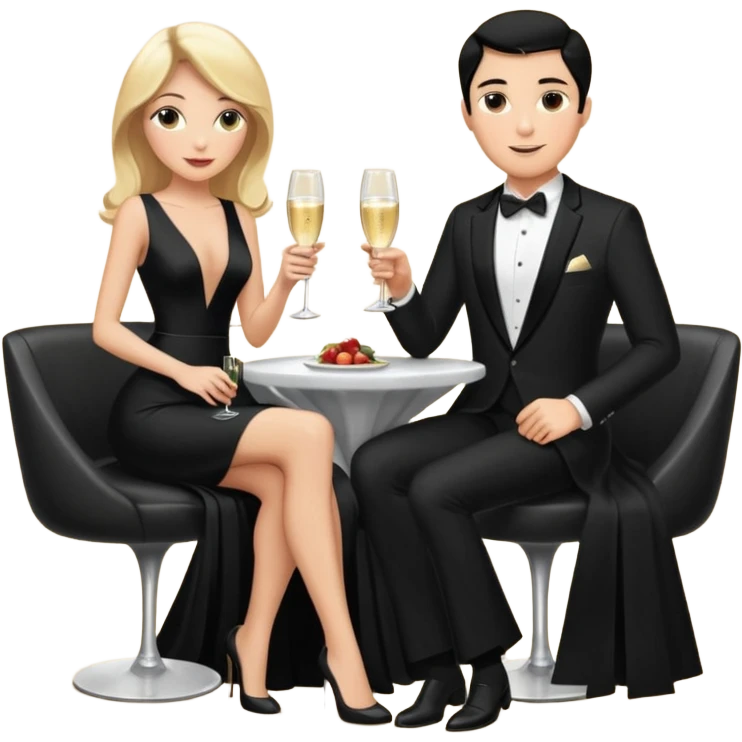 Blonde woman, black, Long, tight, sleveless Dress, Slot left Leg, man, DARK Hair, in Dinner jacket, Background bedroom, drinking champaign emoji