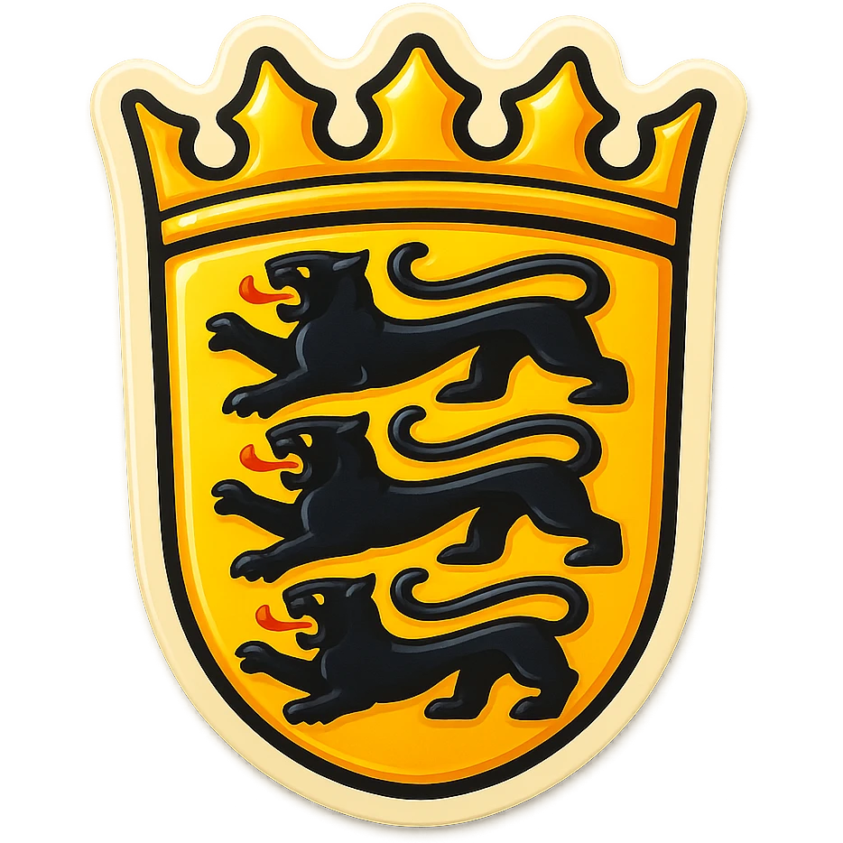 Create an emoji of the Baden-Württemberg coat of arms featuring three black lions and a crown. The style should be less cartoonish and match the retro stickers style of the first Berlin icon from the last batch. Use the official Baden-Württemberg flag as the background. No text included. emoji