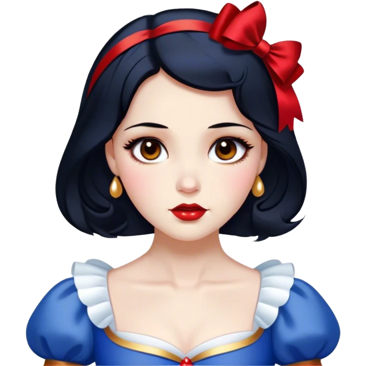 Cinematic Elegant Snow White Portrait Emoji, rendered in a realistic, vector-style with minimal shading and bold, simplified shapes. Depict Snow White (chest and above) with flawless porcelain skin, expressive deep brown eyes, and lustrous raven hair neatly styled with a red bow, wearing her classic blue and gold dress. The image glows with a soft, pure radiance and high shine, capturing timeless beauty and gentle grace. emoji
