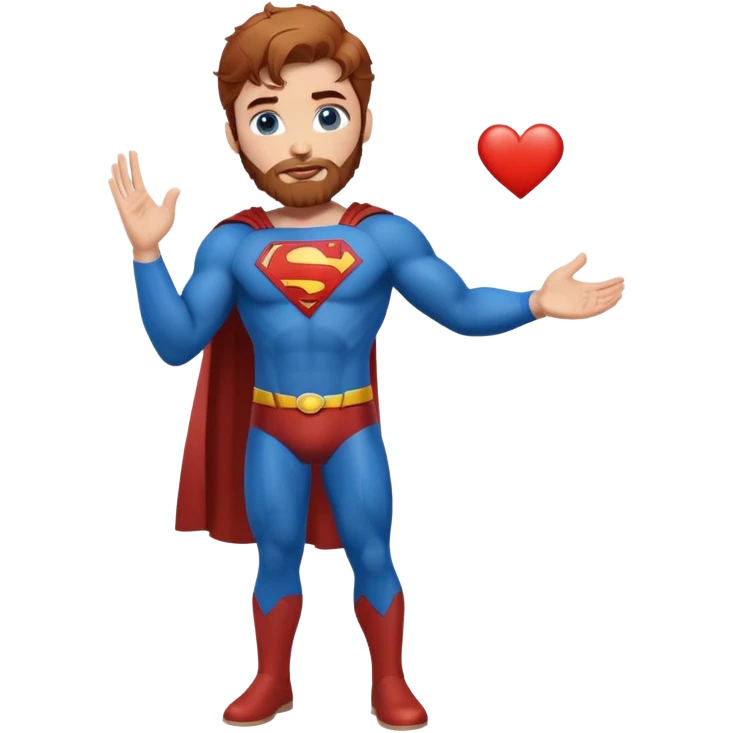 Adult-tall-full body- Superman-with redish brownish messy hair-full neatly trimmed beard-blue eyes-hand heart  emoji