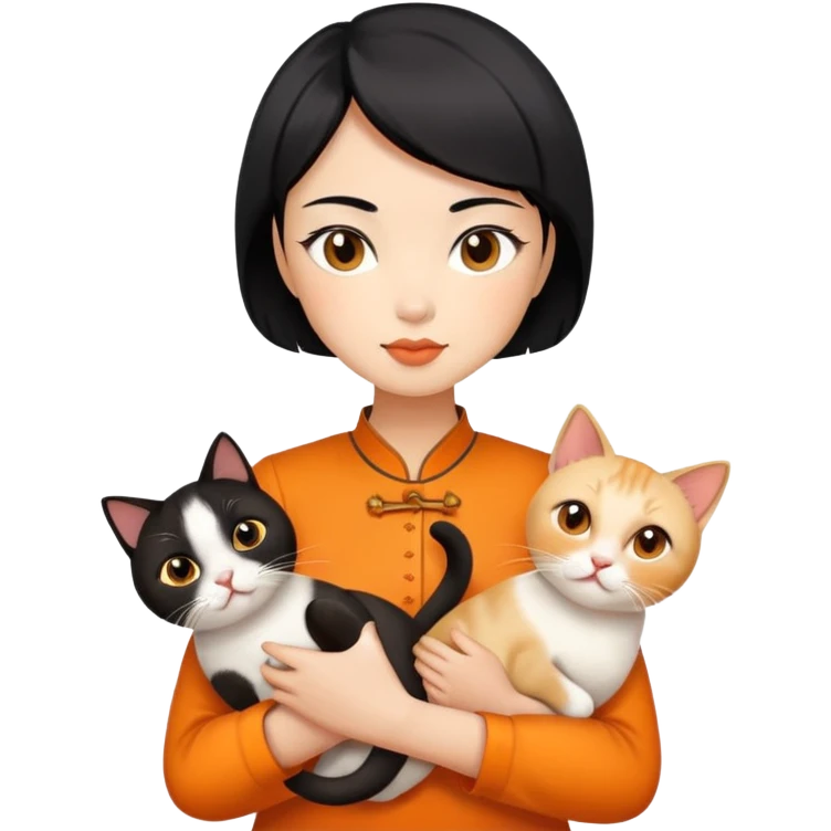 Chinese woman with short black hair holding two cats, one orange and one Siamese emoji