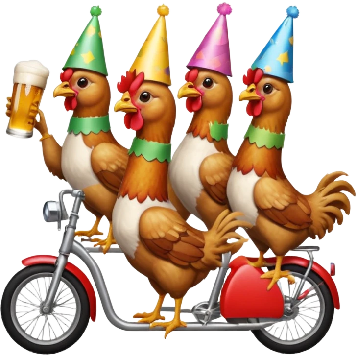 Ten chickens riding  a partybike while drinking beer emoji