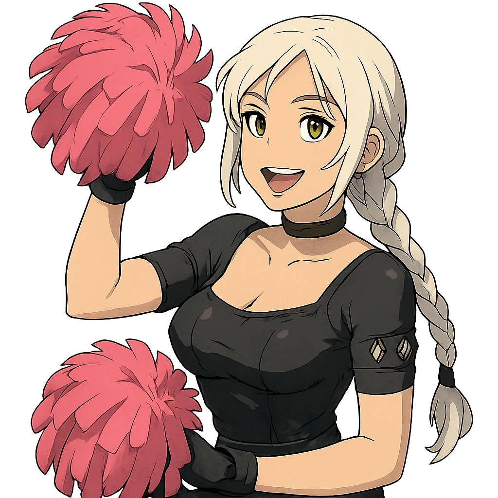  she is waving pom-poms excitedly, a closeup portrait of young woman with gold yellow eyes, white hair, long braid, black off-shoulder top d-cup, punk gothic style, futuristic cyberwave cyberpunk, sitting position
 emoji