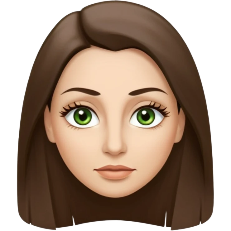 43. year old Adult woman avatar, light skin tone, long, oval face, long straight ashy brown hair, green almond-shaped eyes with dramatic eyelashes and minimal eyeliner, neutral mouth, medium straight eyebrows, small nose, smooth skin emoji