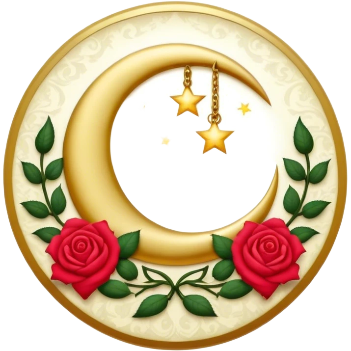 A round button with a crescent damask moon and roses in the center emoji