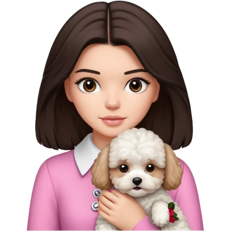 brunette Kendall Jenner with long hair holding on the hands white maltipoo wear on pink collar emoji