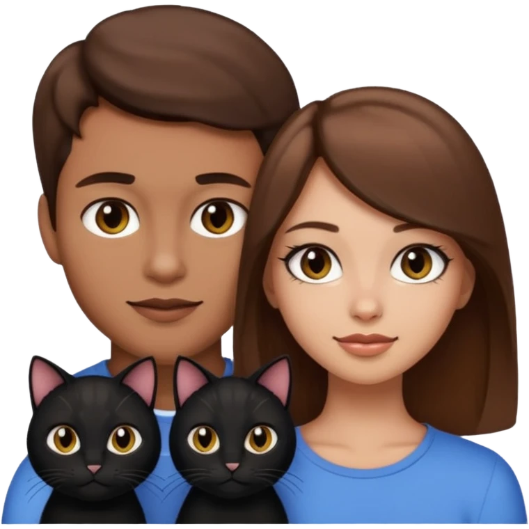 pretty girl with brown hair and makeup with black cat beside her and boyfriend with light skin and brown hair, emoji style emoji