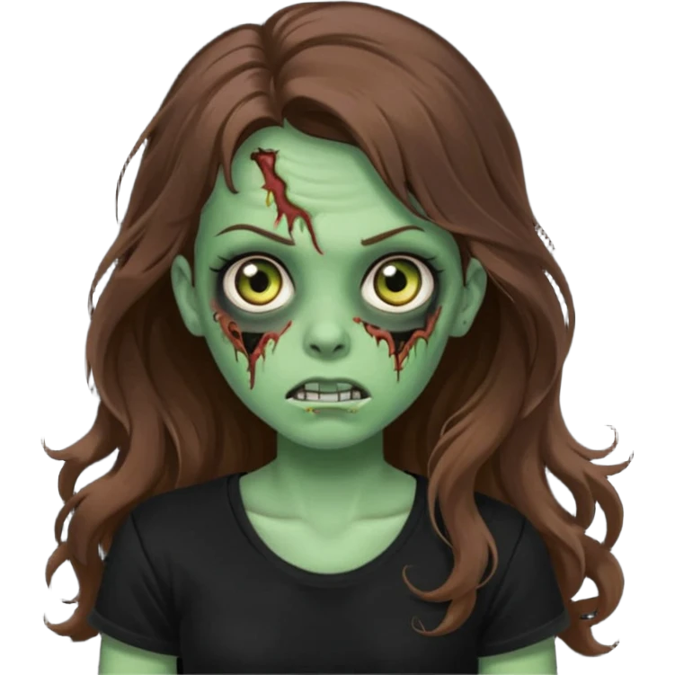 crie uma garotazoombie cabelo ondulado 2c longo castanho castanho comprido e blusa básica preta sem nada com pele esverdeada com rosto fofo  emoji