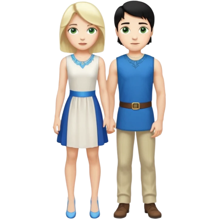 prince, standing upright, black Hair, blue eyes, garment,  woman, bending knee, sleveless white dress, blonde hair, green eyes, emoji