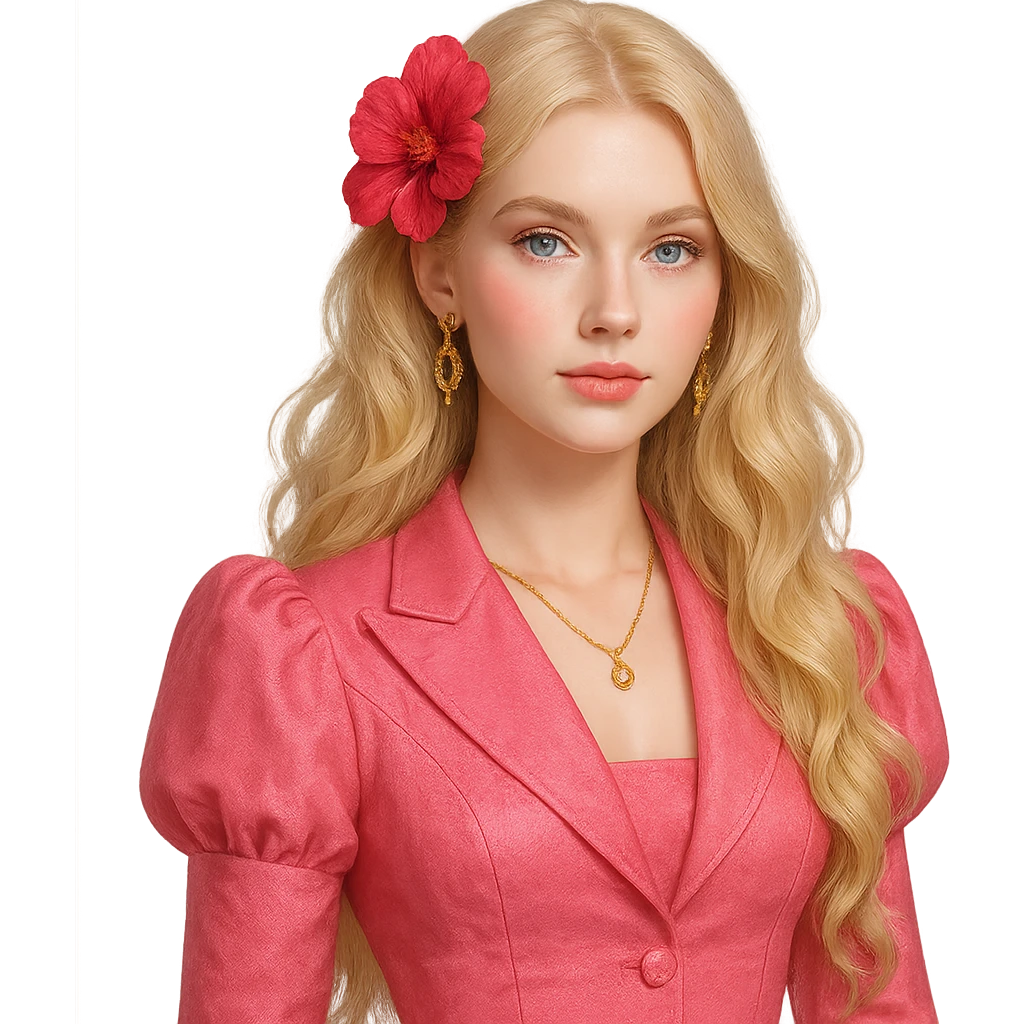 a girl with long wavy light golden platinum blonde hair, light blue eyes, pale peachy-pink skin, wearing a fancy pink outfit, a hot reddish-pink flower hair clip, and light gold jewelry emoji