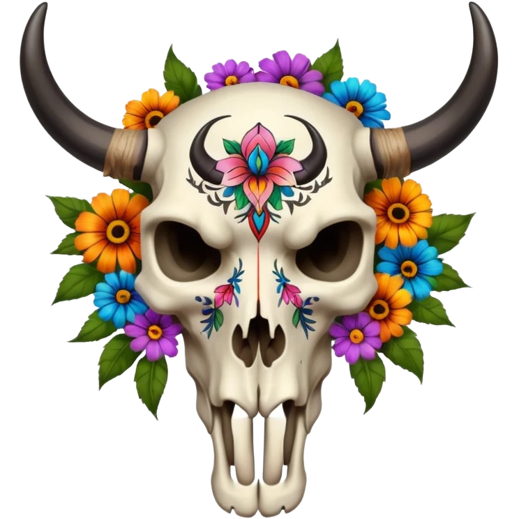 Aesthetic bull skull cranium with an asymmetrical arrangement of flowers, black painted tribal tattoo pattern markings  emoji
