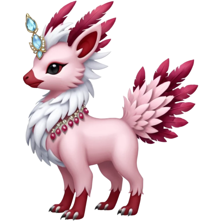 Floral feathery pastel pink and ruby-jewelry-adorned Absol-Amaura-fusion-Fakemon-animal-creature  emoji