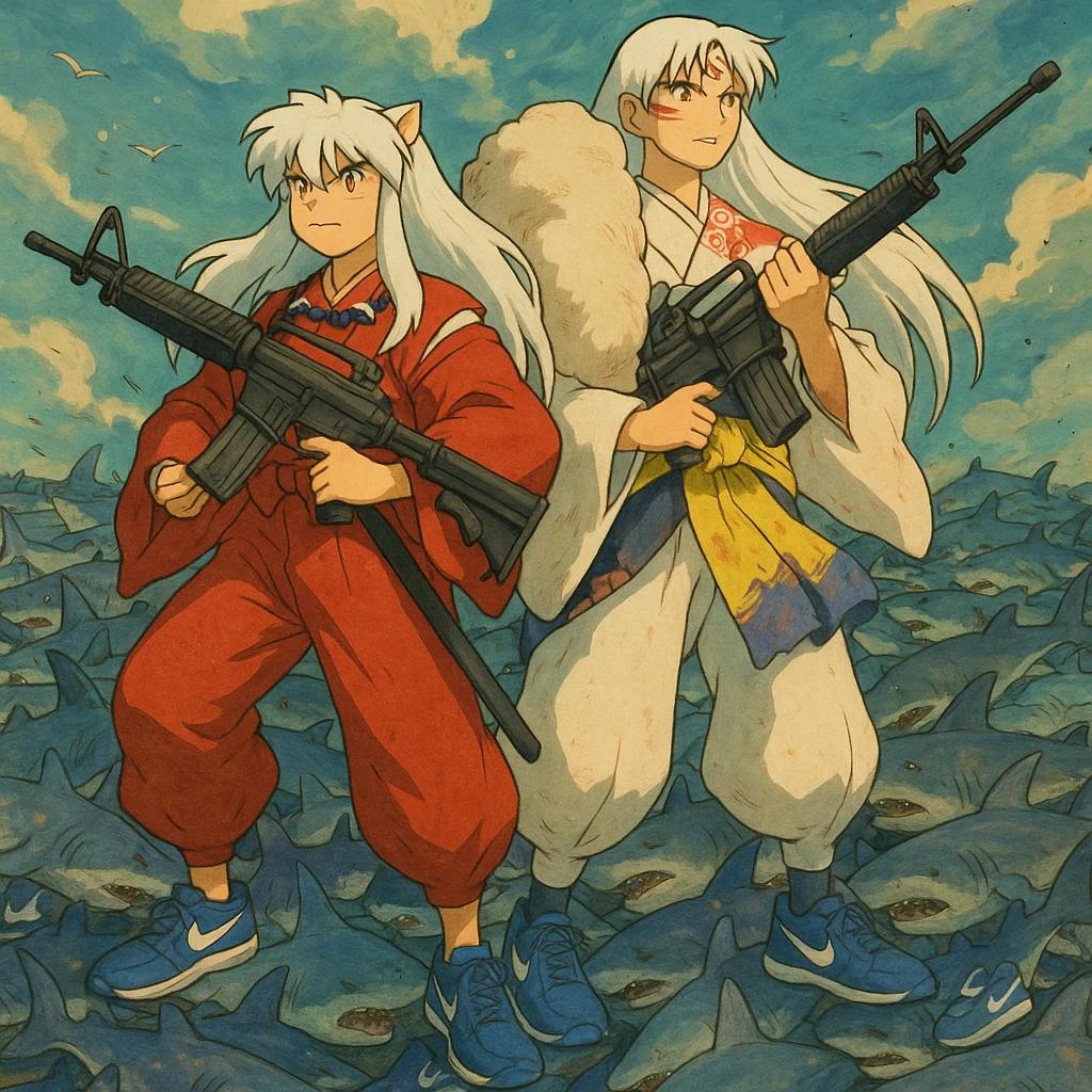 Inuyasha and sesshomaru take m16a4 vs 1 million shark They wear shoes blue Nike and all sharks They wear shoes Nike die emoji