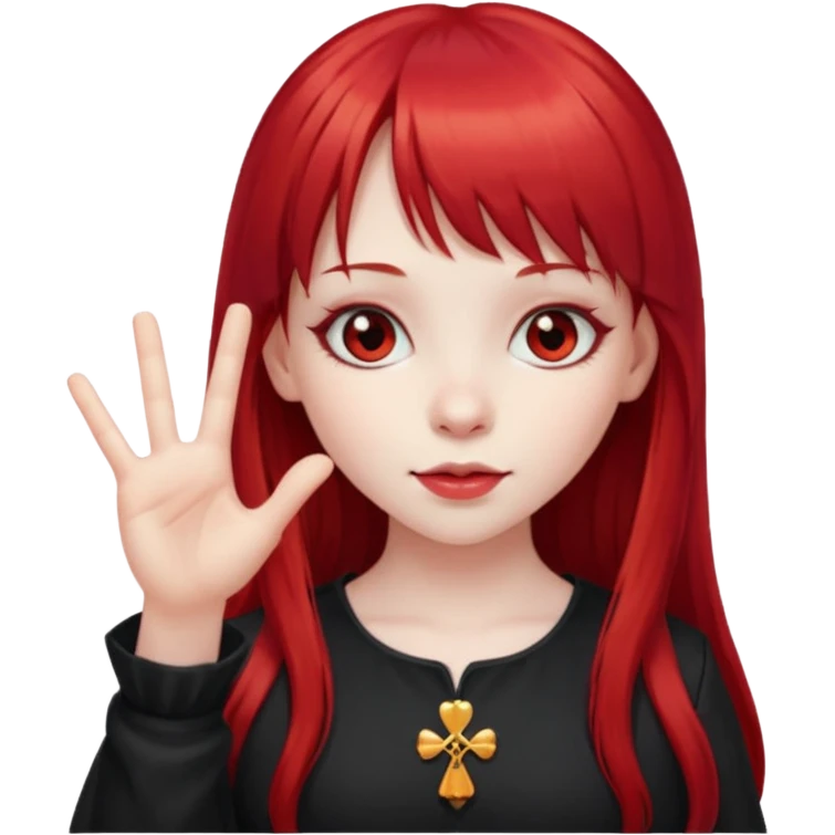 a gothic girl with long red hair and bangs holding a lucky sign emoji