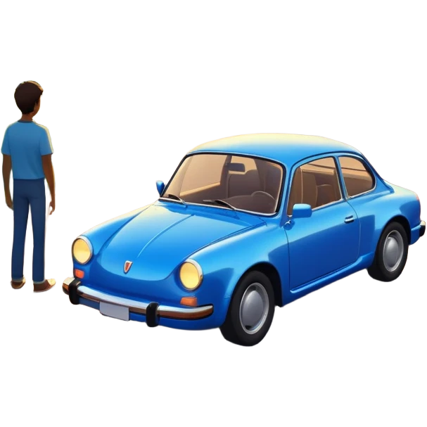 A parked blue car sits quietly on the side of an open road, facing a breathtaking sunset. Two people stand outside, backs turned, watching the horizon. The road stretches endlessly ahead, surrounded by a peaceful, glowing landscape full of light, warmth, and possibilit emoji