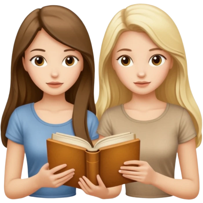 two beautiful girls in beige tops reading a beautiful vintage book. one brunette, the other blonde. both with long hair with and beige T-shirt  emoji
