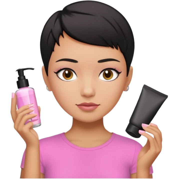 tan girl pink shirt with black hair & a pixie, doing her skin care emoji