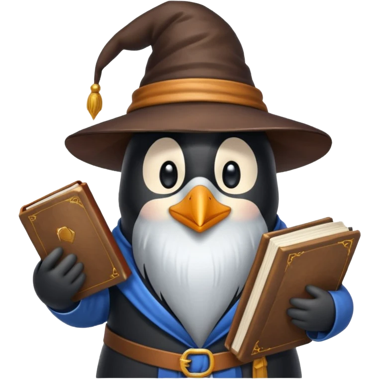 penguin wizard with a long beard holding a book emoji
