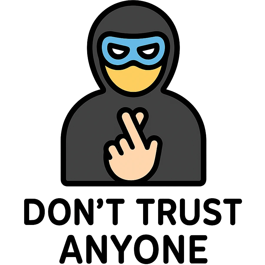 bold, striking icon representing 'Don't Trust Anyone' with visual metaphors like masked face, crossed fingers behind back, shadowy figure, modern minimal style emoji