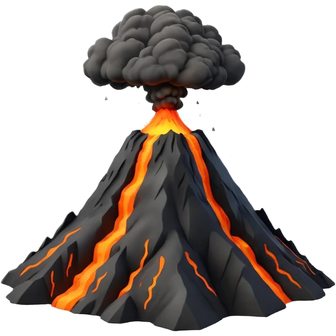 3D render of Volcano, miniature weather phenomenon, volumetric particle effects, mountain with orange lava and black ash smoke, elemental energy, emoji style, isolated on white background --v 6.0. emoji
