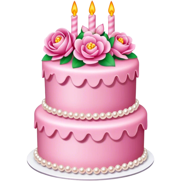 Three layer highly detailed pink celebration cake adorned with flowers and pearls emoji