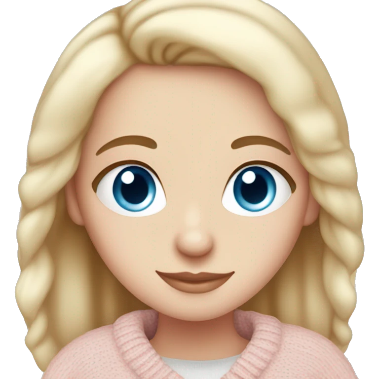 Pretty blue eyed white girl with light pink sweater reading cozy emoji