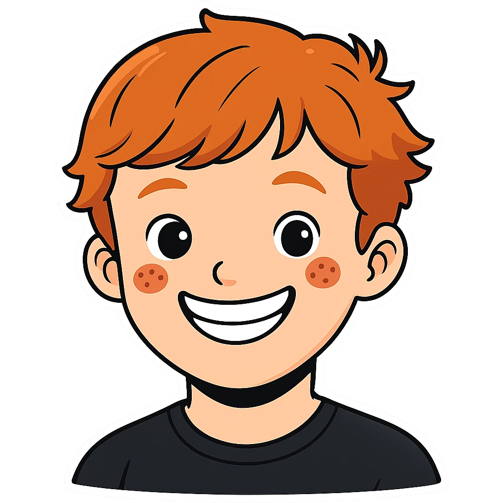 Make the strawberry blond boy with ginger freckles smile wider. The original style is cartoonish sticker style with transparent background, please keep the cartoonish sticker style and transparent background consistent. emoji