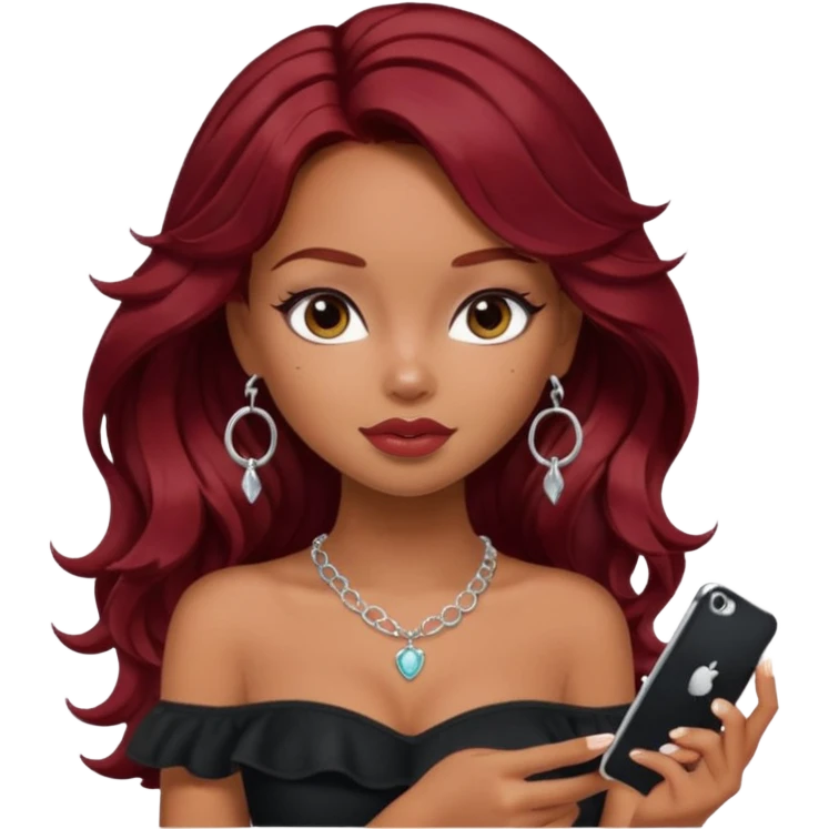 a pretty bratz girl with wavy dark red hair, wearing a black off shoulder top . silver dainty layered necklaces, carrying an iphone emoji