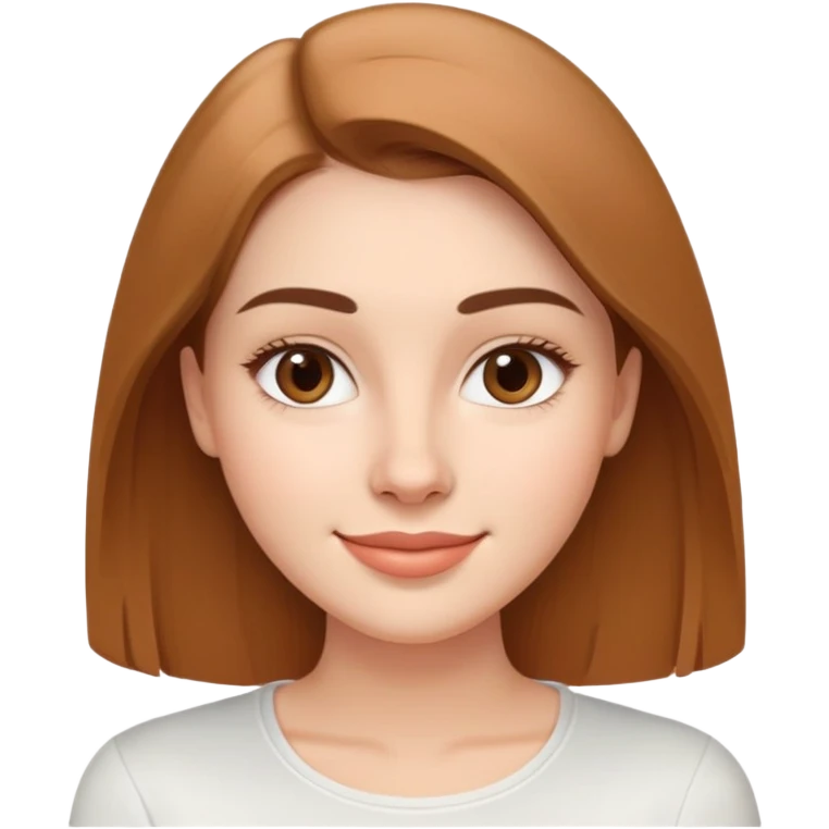 Young woman in her 20s with oval face, soft features, friendly bright smile, large light brown eyes, defined eyebrows, straight nose, medium lips, long straight light brown hair, wearing a white top emoji