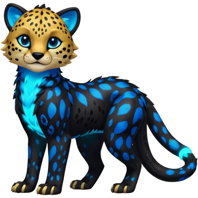 Realistic Obsidian-pitch-black fur body with neon-glowing-blue ring-markings Grem2-Gremz-Cheetah-Sergal-fusion, full body  emoji