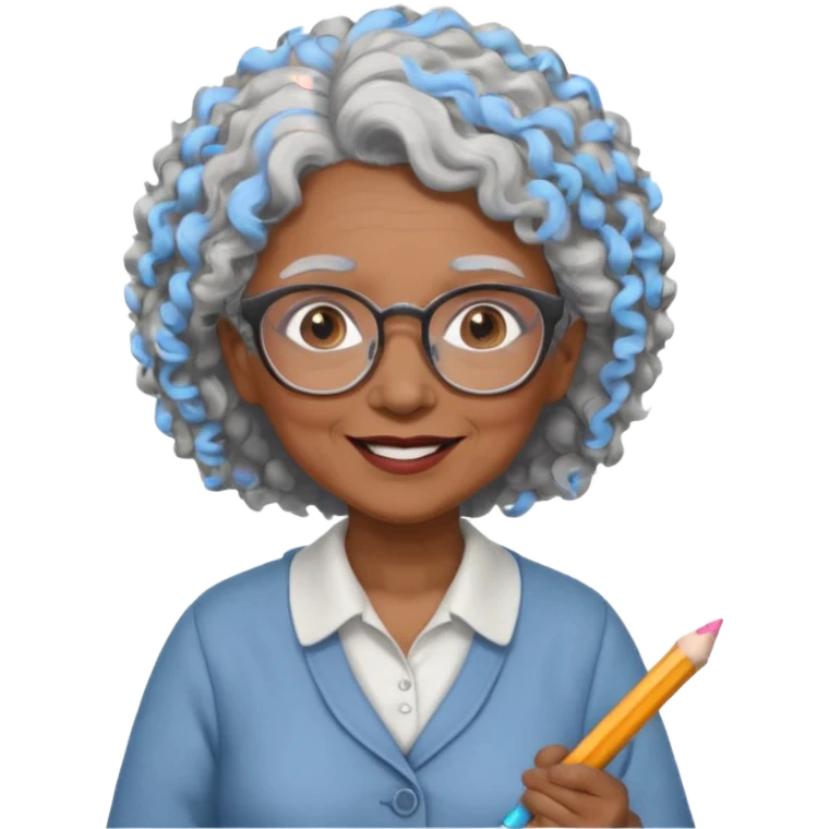 old woman teacher, brown skin, curly grey white hai, wearing glasses, hold chalk on hand emoji