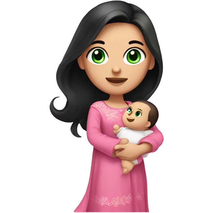 Beautiful Russian lady with green eyes and very long black hair pink clothes holding baby  emoji