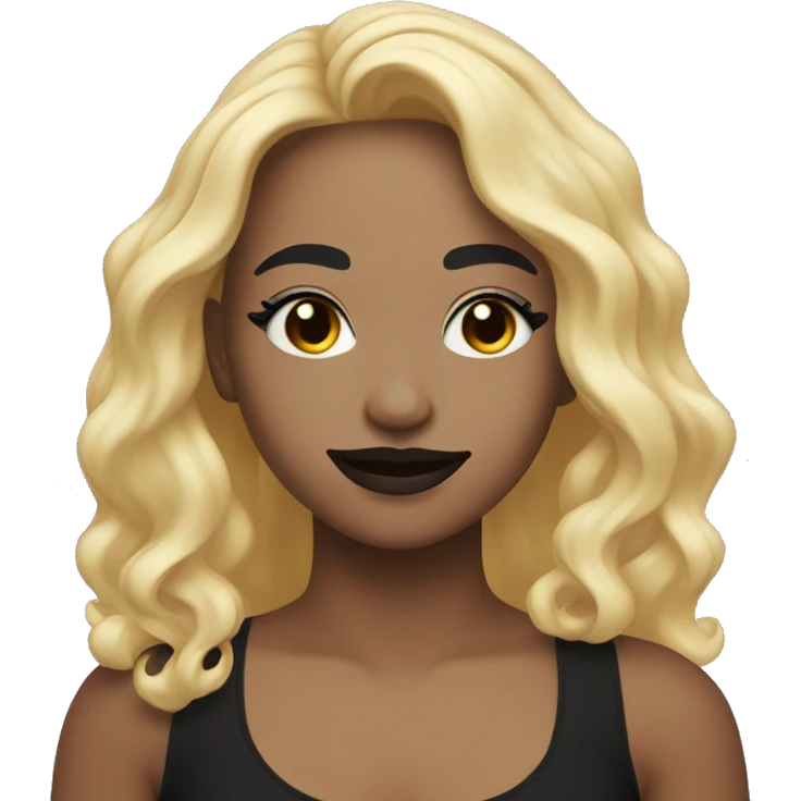 Girl with long wavy blonde hair eyes closed smiling black tank top and black makeup emoji