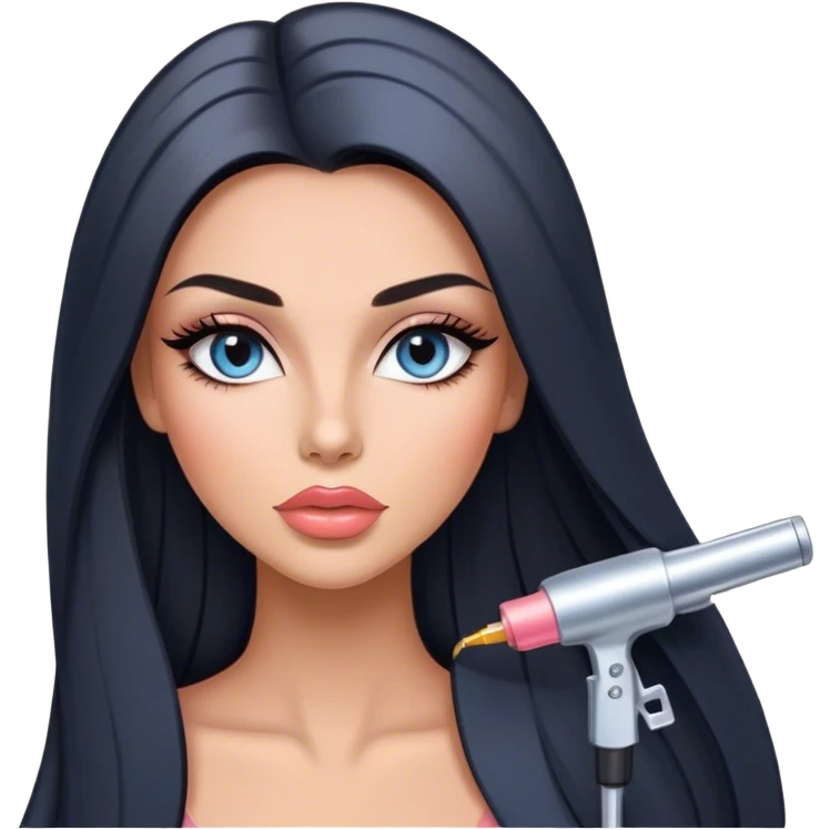 Glamours, tanned, very beautiful girl, with big pump peach-beige-rose lips, long long lashes, black straight smooth silky long hair, straight parting hair, blue-grey eyes emoji