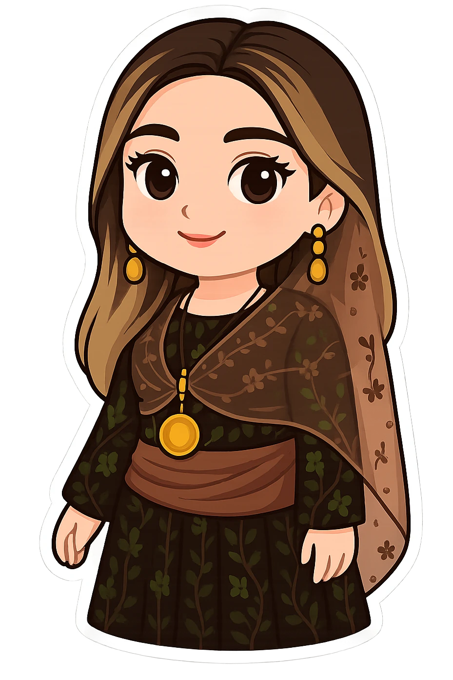 Edit the Kurdish cartoon sticker to change the dress to match the style, color, and details of the dress in the reference photo while keeping the cartoon style. No text. Transparent background. emoji