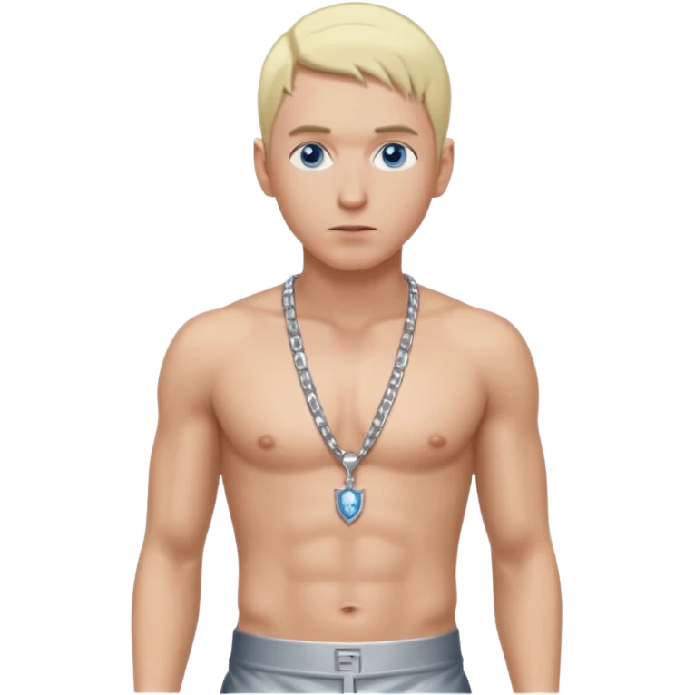 Eminem with blonde hair, shirtless with necklace, metallic silver pants, blue eyes emoji