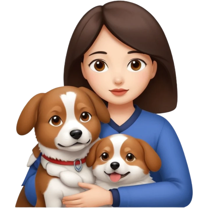 a beautiful woman with medium length dark brown hair and brown eyes, a bit chubby, hugs a beagle and japanese spitz dog  emoji