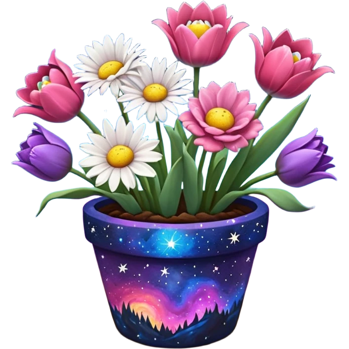 Galaxy Painted flower clay pot of Space Petalled Daisies, Nebula Petalled Roses, And Milky Way Petalled Tulips, emoji