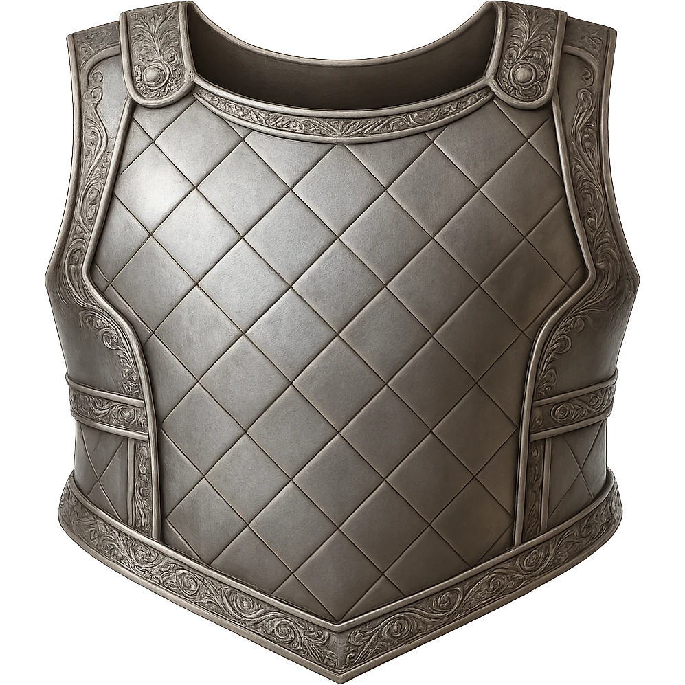 Recolor this iron chainbody to realistic metallic steel with crisp, shiny, and slightly fancier iron engravings. Keep the look detailed and realistic in a style inspired by emoji style. Transparent background. emoji
