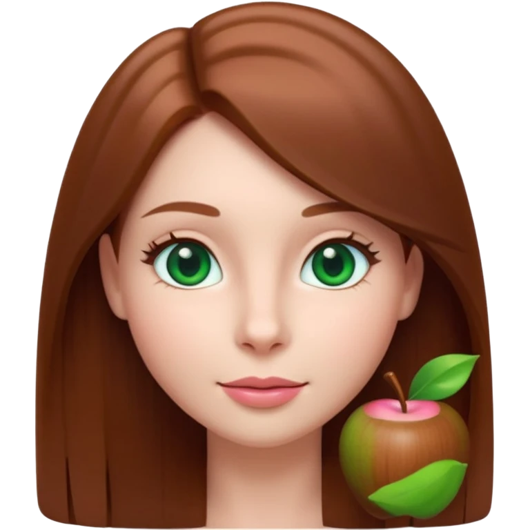 a young woman with a sweet expression, smooth fair skin, emerald green eyes, small straight nose, soft nude-pink lips with a gentle smile, and long, straight chestnut brown hair parted in the center. Clean white background, soft lighting, minimalist Apple emoji 3D style. emoji
