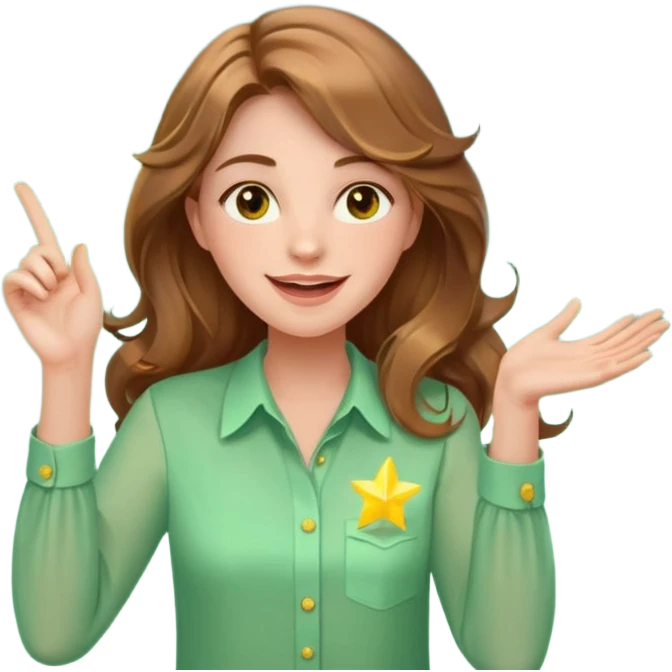 Joyful and imaginative woman with fair skin, long wavy light brown hair, hazel eyes, wearing a light green blouse with yellow accents, holding a glowing lightbulb and gesturing outward. Surrounded by stars, sparkles, speech bubbles, a paper plane, and a small heart. Waist-up, front-facing emoji