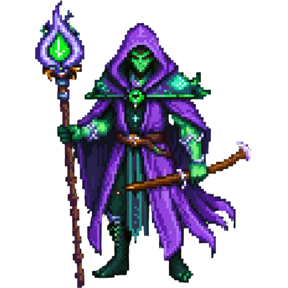 warlock with purple robes, green fel magic, demonic energy, holding a staff, World of Warcraft character emoji