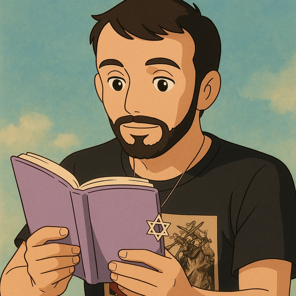 Create an illustration of a white young man with a black beard, straight hair, and brown eyes reading a lilac-colored book. Match his facial features and hair style from the reference photo. Use a visually appealing, friendly Ghibli style. emoji