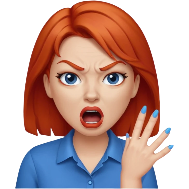 mujer pelirroja con los ojos y los labios maquillados enojada gritando con remera azul emoji