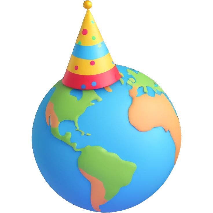 a laughing planet Earth with a party hat emoji