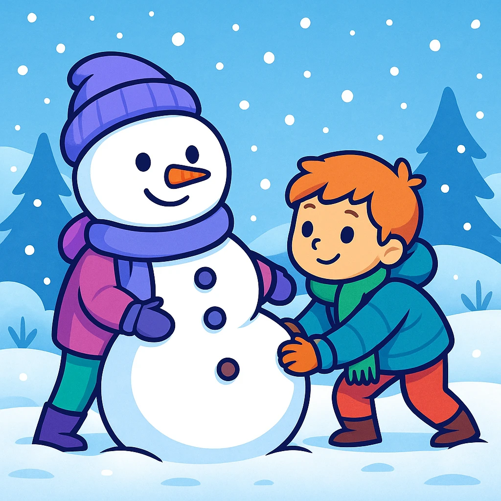 Show two different kids (different hair and clothing colors) building a snowman in a snowy background, keep the sticker style emoji