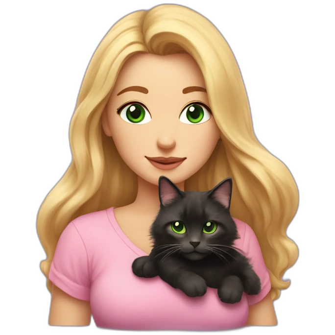 woman with green eyes and long wavy blonde hair and big boobs in a pink shirt is holding a very fluffy and fat black and tortoiseshell cat emoji